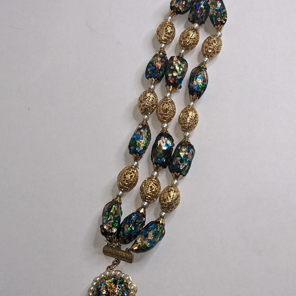 Vintage Napier Signed‎ Beaded Bracelet – Foil Glass & Filigree Beads RARE